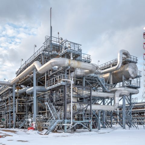 a large, modern petrochemical enterprise in the winter