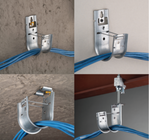 Collage of four different fixing methods of a cable management product: wall, ceiling, steel i-beam and anchor